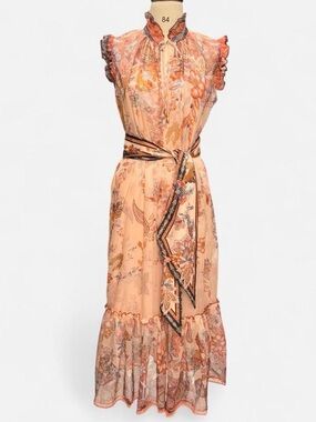 Sleeveless Peach Floral Ruffle Dress with Waist Tie